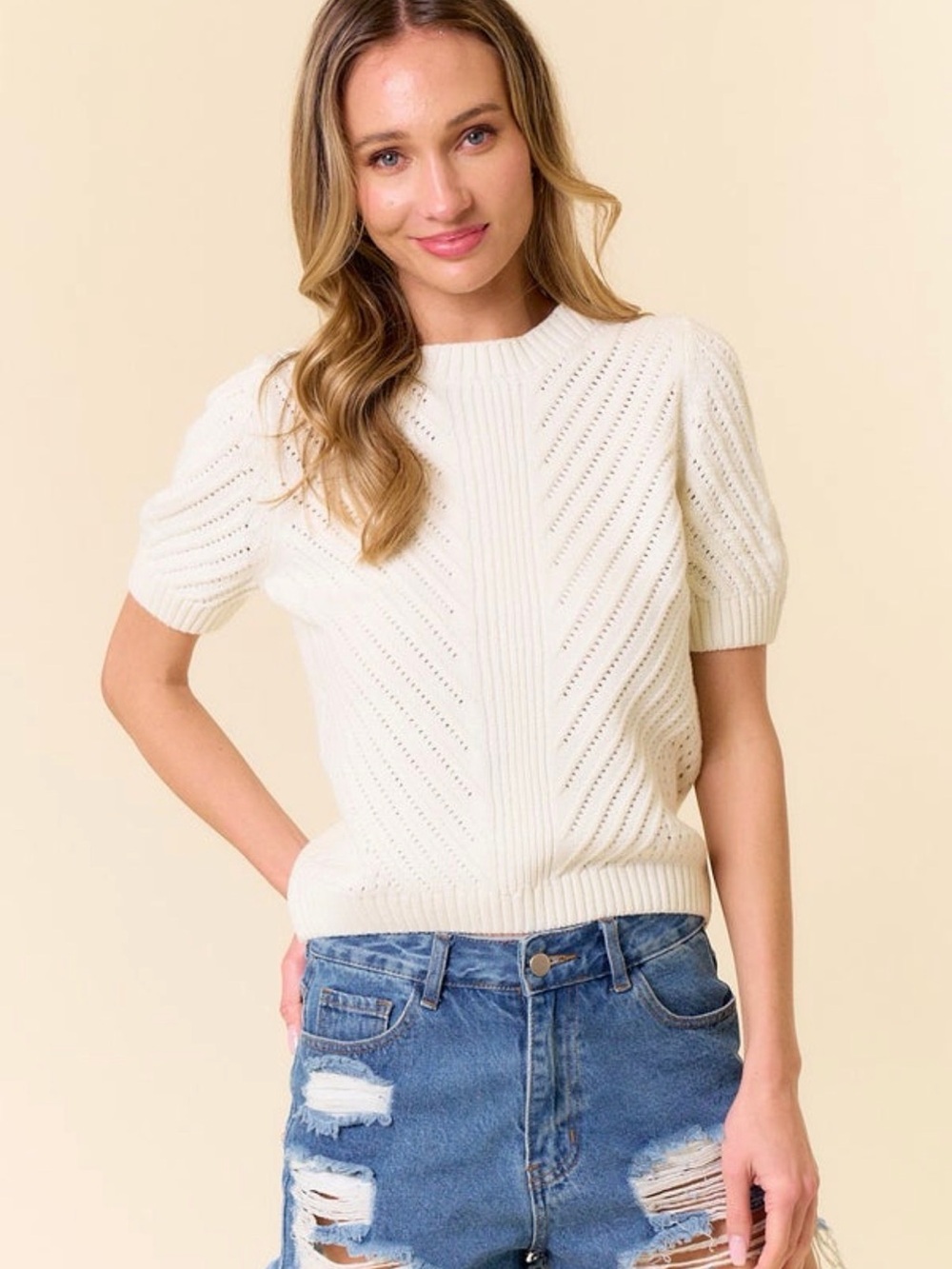 NWOT Lovely Melody Cream Short-Sleeve Openwork Sweater